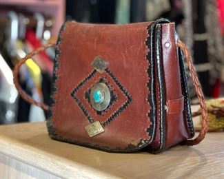 Leather/Turquoise Moroccan Handbag Purse	8x10x4in	HxWxD
