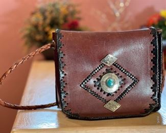 Leather/Turquoise Moroccan Handbag Purse	8x10x4in	HxWxD
