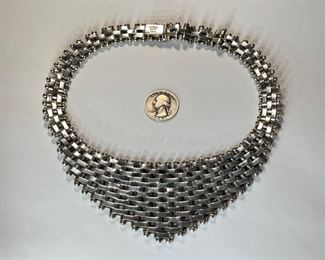 Mexico Sterling Silver Modernist Gate Link Collar Necklace 80s Runway  	17in Long , 16mm w at thinnest point , 54mm w at widest.	
