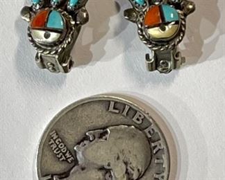 Zuni Clip-On Earrings Turquoise, Coral, Mother of Pearl Native American 	17x13x9mm	
