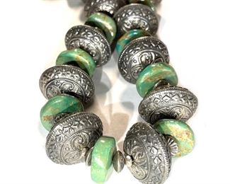 Artist Made Silver Bead & Turquoise Chunk Necklace	22.5in Long Beads: 25.5mm turquoise: 19mm	
