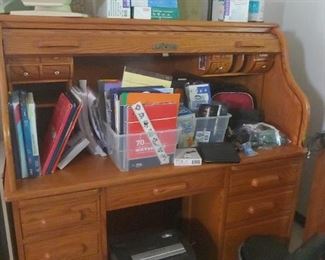 Roll top desk, office supplies