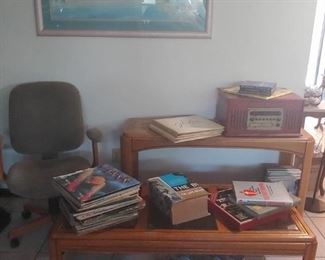 Coffee Table, Console table, record player, albums.