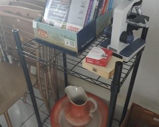microscope, office supplies, wash bowl & pitcher