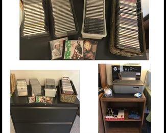 CD’s, file cabinet, printer and office accessories 
