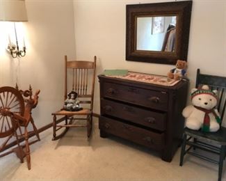 vintage dresser, mirror, rocking chair, vintage spinning wheel