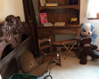 beautiful carved headboard and footboard, vintage kid rocker, stuff animals, stroller, Desk