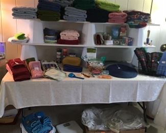 Towels, placemats, bathroom accessories, vintage wedding dress 