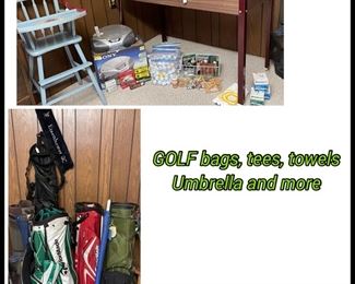 GOLF balls, towels, bags, vintage high chairs 