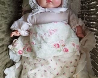 Vintage baby doll, antique carriage