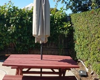 Redwood picnic table with umbrella