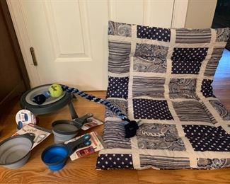 Hand crafted dog bed, crate mattress, dog toy and collapsible dog dish, elevated dish and two measuring cups