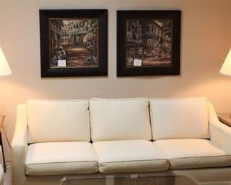 Lower level sofa, end tables and pair of lamps.
