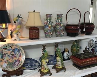 Antique  1870-1890 Chinese red wedding baskets with documentation, oriental bronze Ormolu porcelain parrot birds candlesticks, and other accessory pieces.