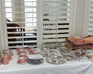 Fitz and Floyd Dessert Sets, silver plate baskets and trays, Franciscan napkin rings, napkins and tablecloth.