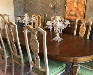 French provincial antique table and buffet, 12 Queen Anne style Chinoiserie Dining chairs, crystal candlebras.