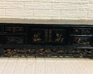 Antique black lacquer Kung cabinet decorated with relief carvings Shanxi origin 1850-1870 with authentication paperwork. 
