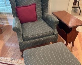 Wing back chair with ottoman/Vintage End table-Mag rack 