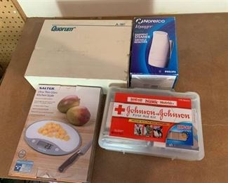 Lot of 4 Small Home Appliances | Quorum A-160 Security Monitor, Norelco Garment Steamer, Salter Food scale and First Aid Kit.