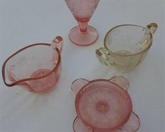 Lot of 4 Depression Glass Pieces | Ashtray, Creamer, Sugar, and Goblet