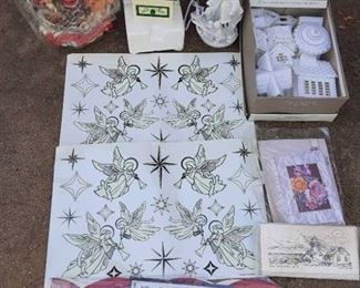 Lot of Christmas Decor  | Card Holder, Glow in the Dark Window Clings, Winter Village, and 2 Music Boxes