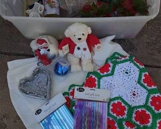 Plastic Tote of Christmas Decorations | Crochet Tree Skirt, Gift Boxes, Ornaments, Candles, and Decor