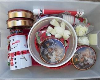 Christmas Party Supplies Lot | Plastic, Cups, Plates, Platters, Forks, and Metal Tins