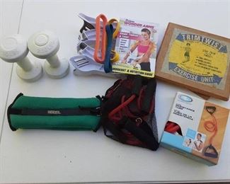 Lot of 7 Hand Held Exercise Equipment | 2.5 Lbs Hand Weights, Ankle Weights, Resistance Band Arm Toner, and Vintage Twist Board