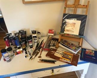 Watercolors, pastels and acrylics with easel