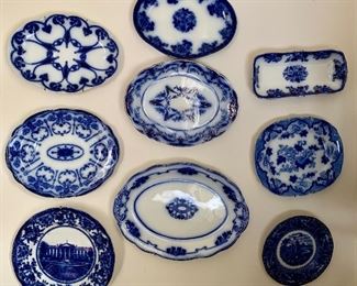 Vintage flow blue plates and platters