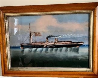 Late 19th century reverse paintig of “Princess Alice” paddle wheeler.  Birds eye maple frame