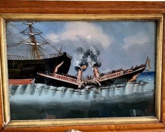Late 19th century reverse painting of “Princess Alice” paddle wheeler.  Birds eye maple frame.