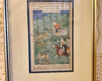 19th century painted persian manuscript, framed.