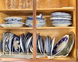 Flow Blue plates, bowls and platters