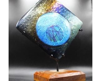 Abstract Square Glass Art Piece with Display Statue