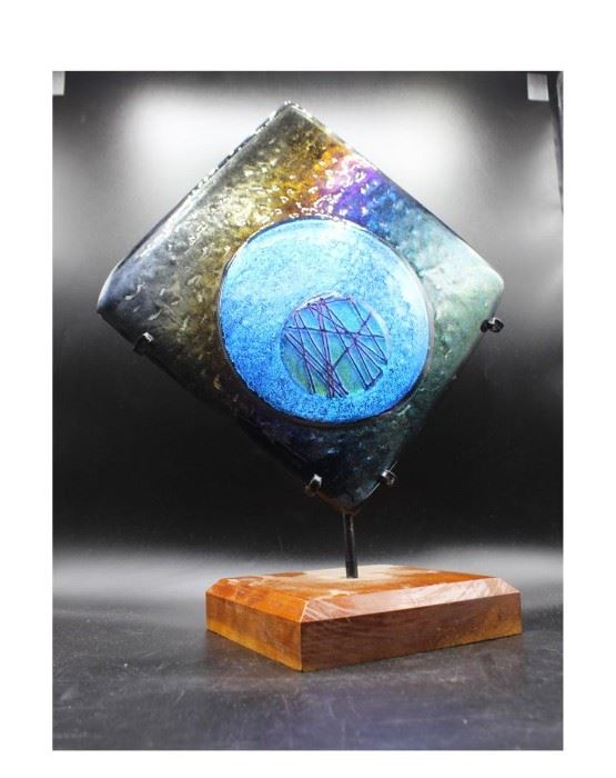 Abstract Square Glass Art Piece with Display Statue