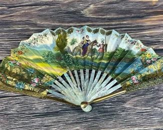 Antique Ornate Carved Mother of Pearl Hand Fan French Knights Scenery Double Sided Gold Gilt