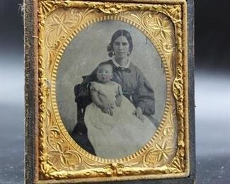 Antique Small Pocket Framed Ambrotype of Mother and Daughter