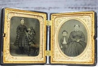 Antique Small Pocket Framed Double Ambrotype of Mother and Children