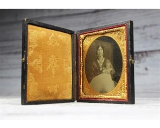 Antique Small Pocket Framed Gold Ambrotype of Young Mother and Child
