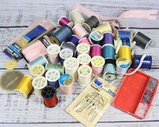 Crafting Sewing Lot Including Sewing Needles, Fabric Lace, Assorted Color Threads More