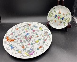 Pair of Antique Vintage Flower Butterfly Asian Decorated Plate Saucer