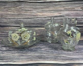 Set of 3 Flower Painted Glass Pieces Pitcher Lidded Sugar Bowl Butter Dish