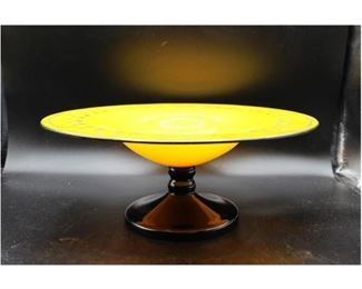 Vibrant Yellow and Black Art Glass Bowl with Vine Edge Kralik Tango Czechoslovakia