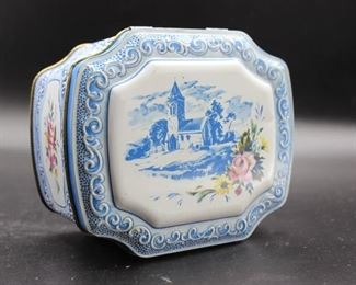 Vintage Blue and White Floral Hinged Lid Tin Metal Box