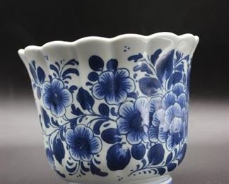 Vintage Ceramic Blue and White Delft Scallop Edge Planter Pot Made in Holland