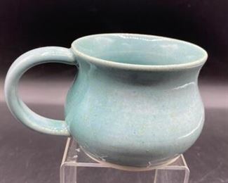 Vintage Pale Teal Turquoise Blue Pottery Coffee Cup Mug Signed