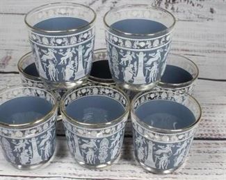 Vintage Set of 8 Jeanette Wedgwood Blue Jasper Pattern Drink Rocks Glasses Tumblers