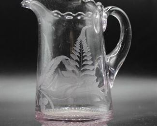 Vintage Small Pale Pink Crystal Glass Leaf Pitcher