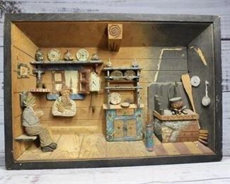 Vintage Swiss Folk Art Carved Wooden Diorama Shadow Box